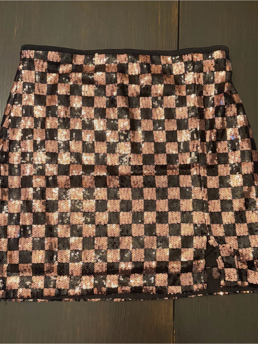 Blue Pepper Sequin Checkered Mini Skirt - Black & Rose Gold size L